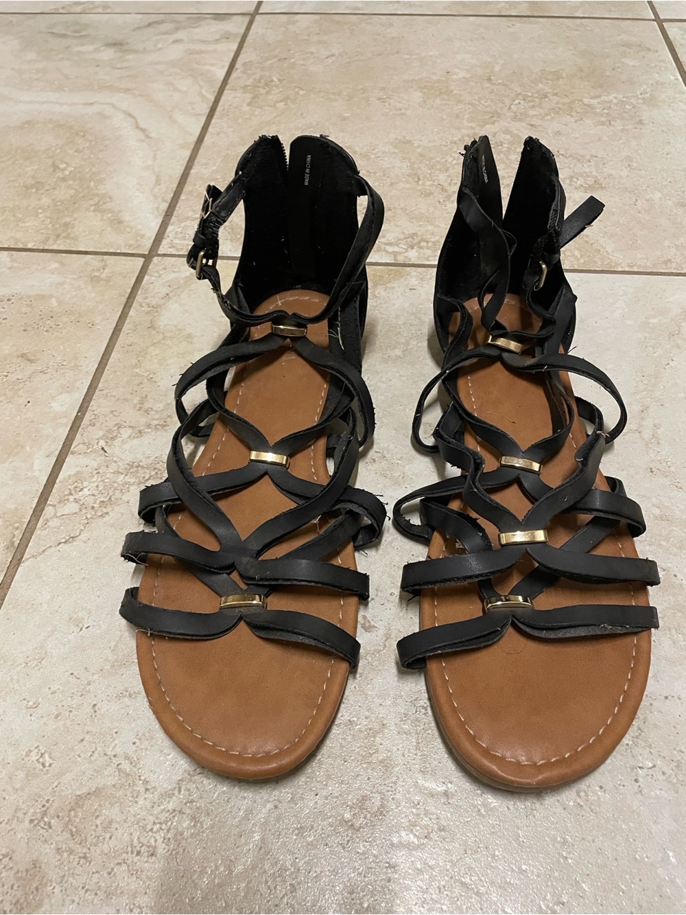 Women's Black Strappy Sandals with Gold Accent